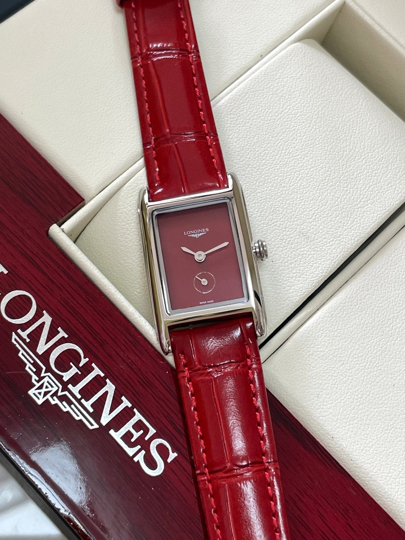 Longines Burgundy Rectangular Strap Watch — front