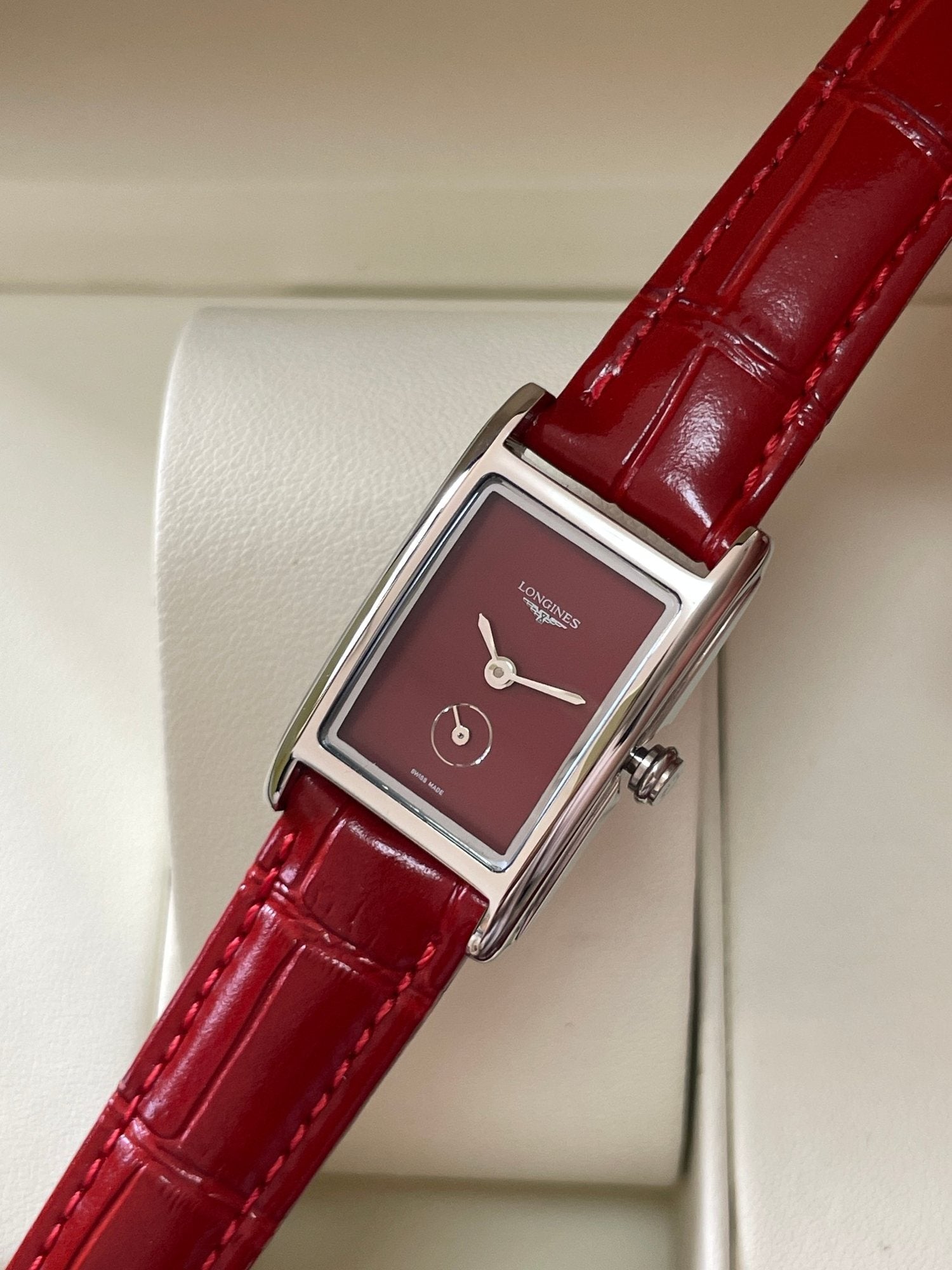 Longines Burgundy Rectangular Strap Watch — hero