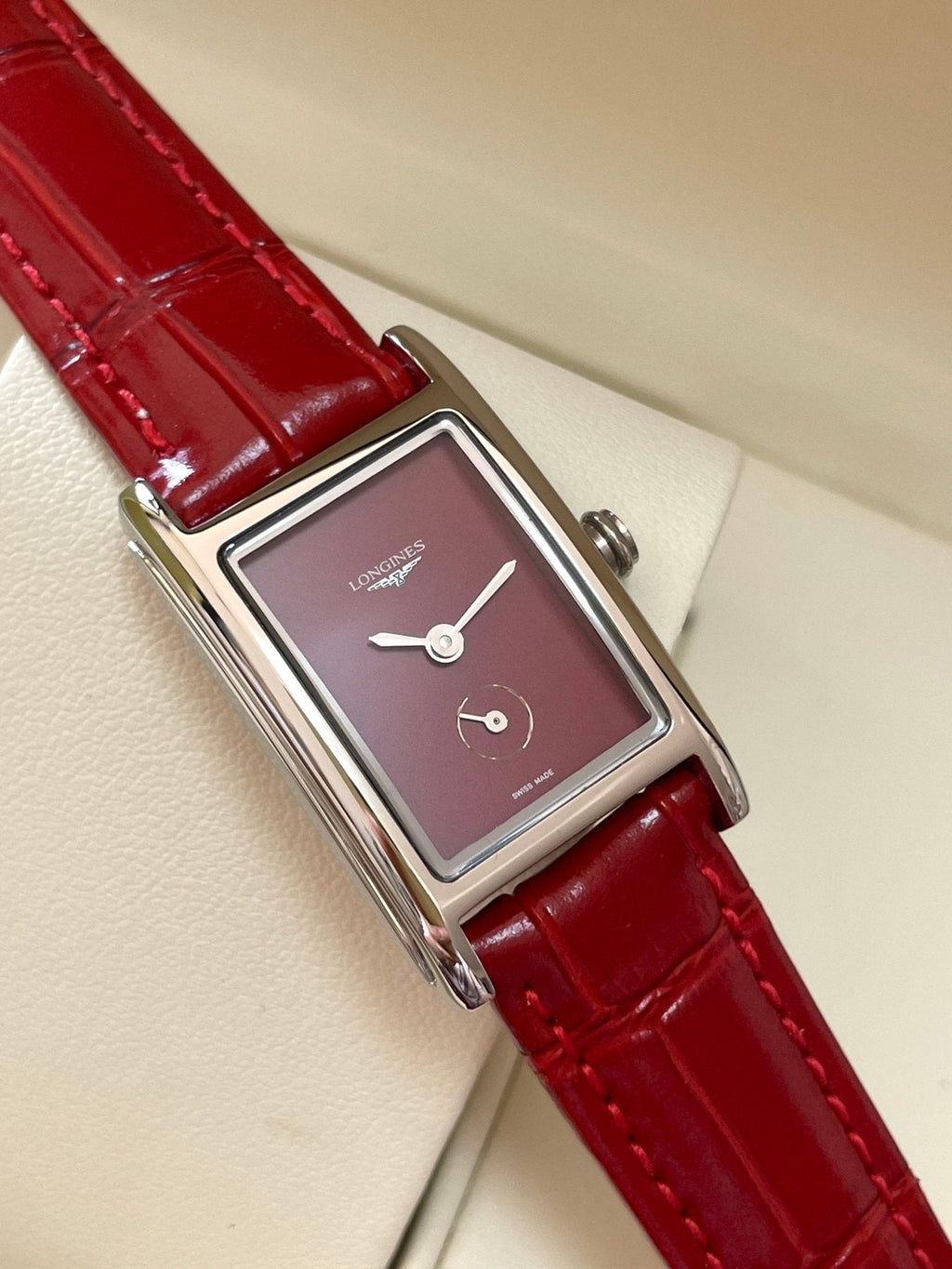 Longines Burgundy Rectangular Strap Watch — front