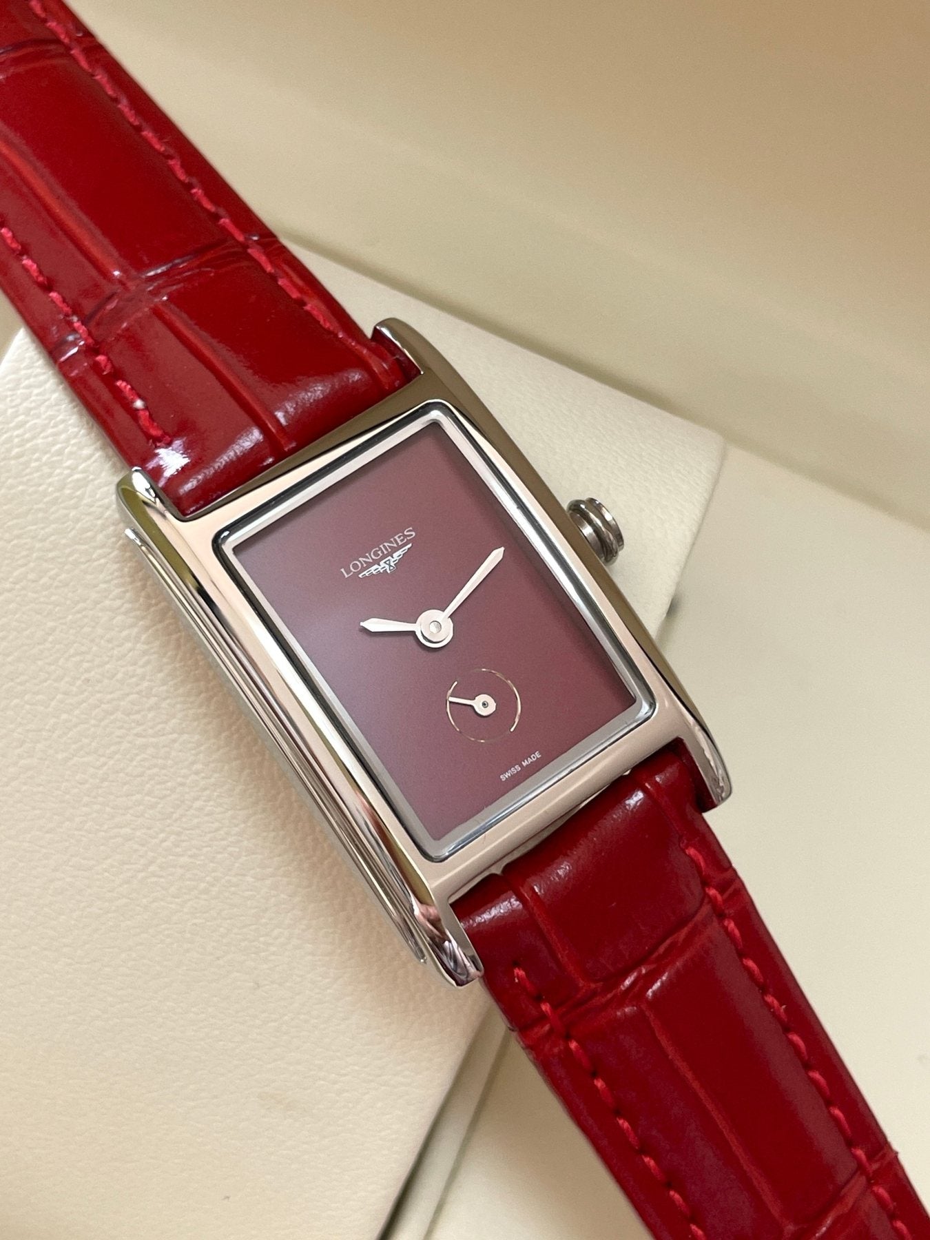 Longines Burgundy Rectangular Strap Watch — front