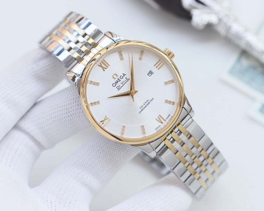 Omega Gold Silver White Dial Bracelet Watch — front