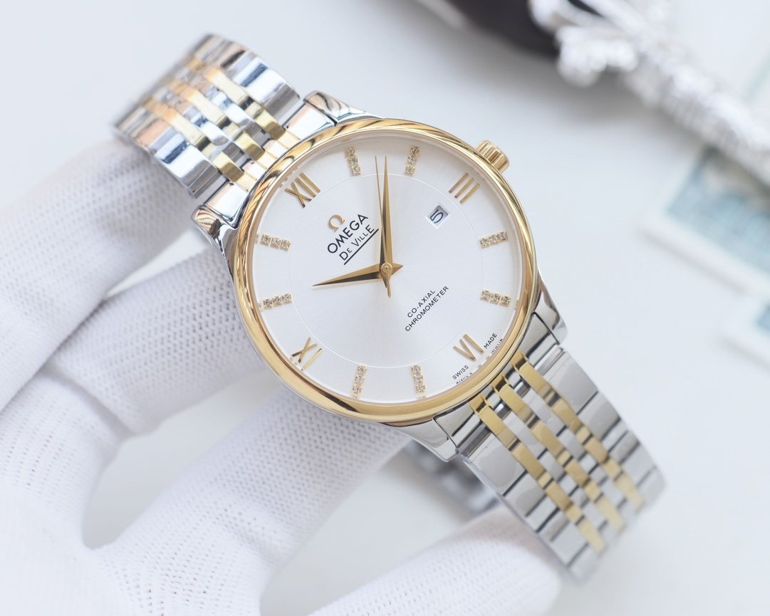 Omega Gold Silver White Dial Bracelet Watch — front
