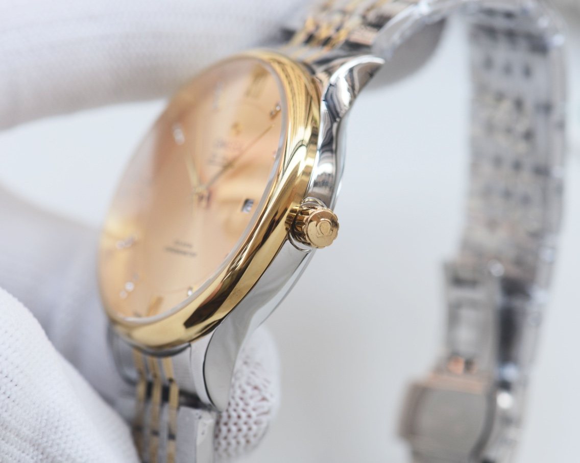 Omega Silver Gold Dial Bracelet Watch — side
