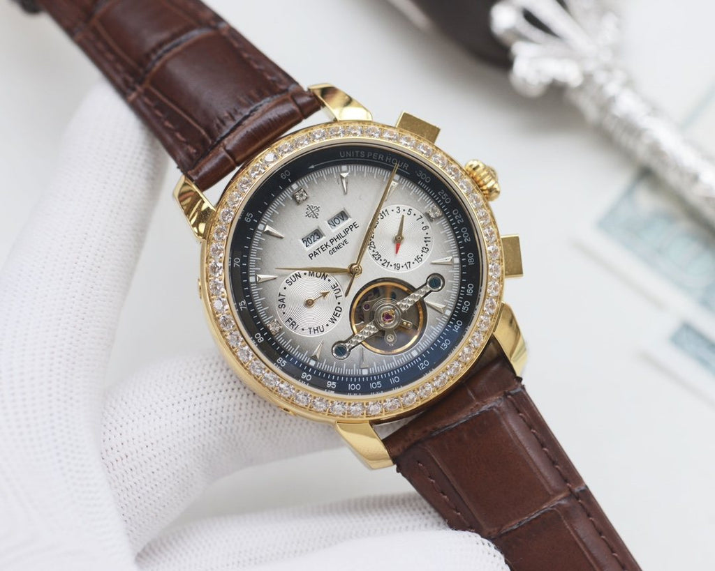Patek Philippe Silver Brown Blue Dial Strap Watch — hero