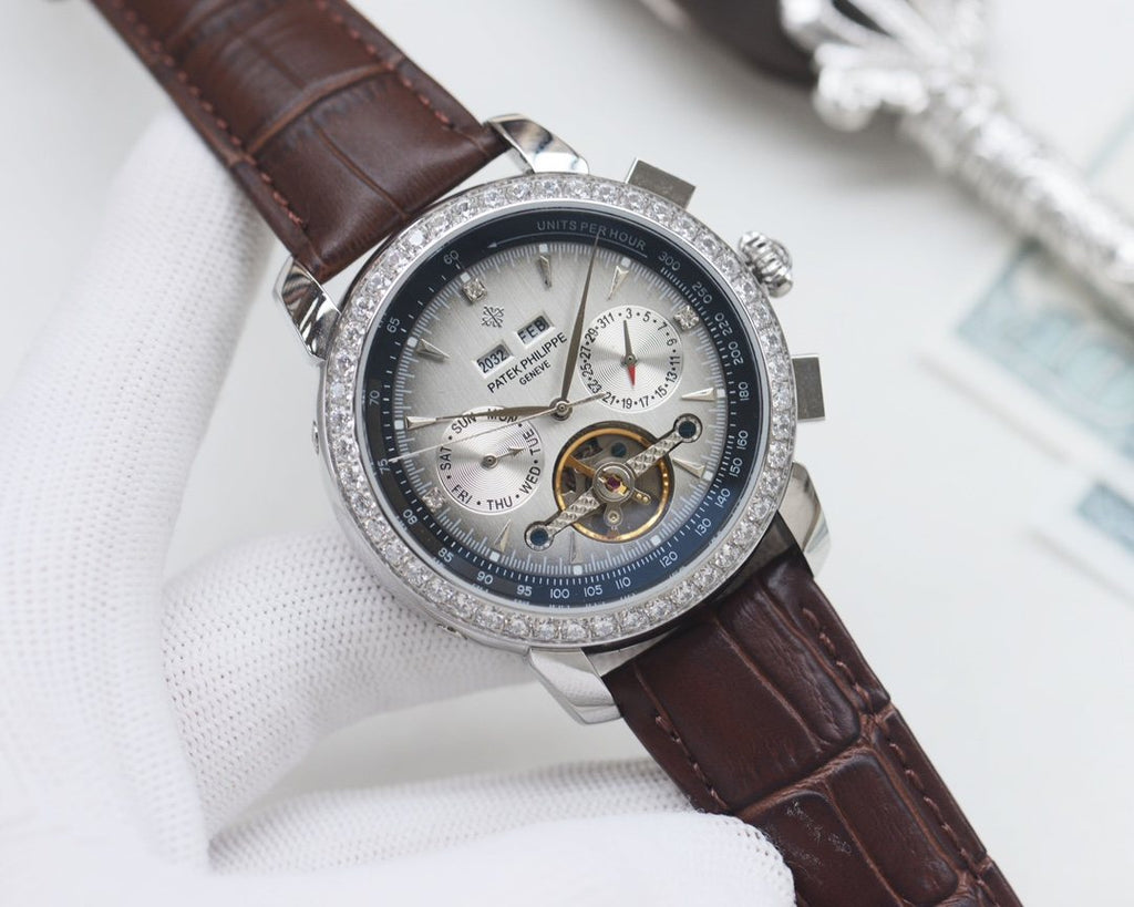 Patek Philippe Silver Brown Blue Dial Strap Watch — front