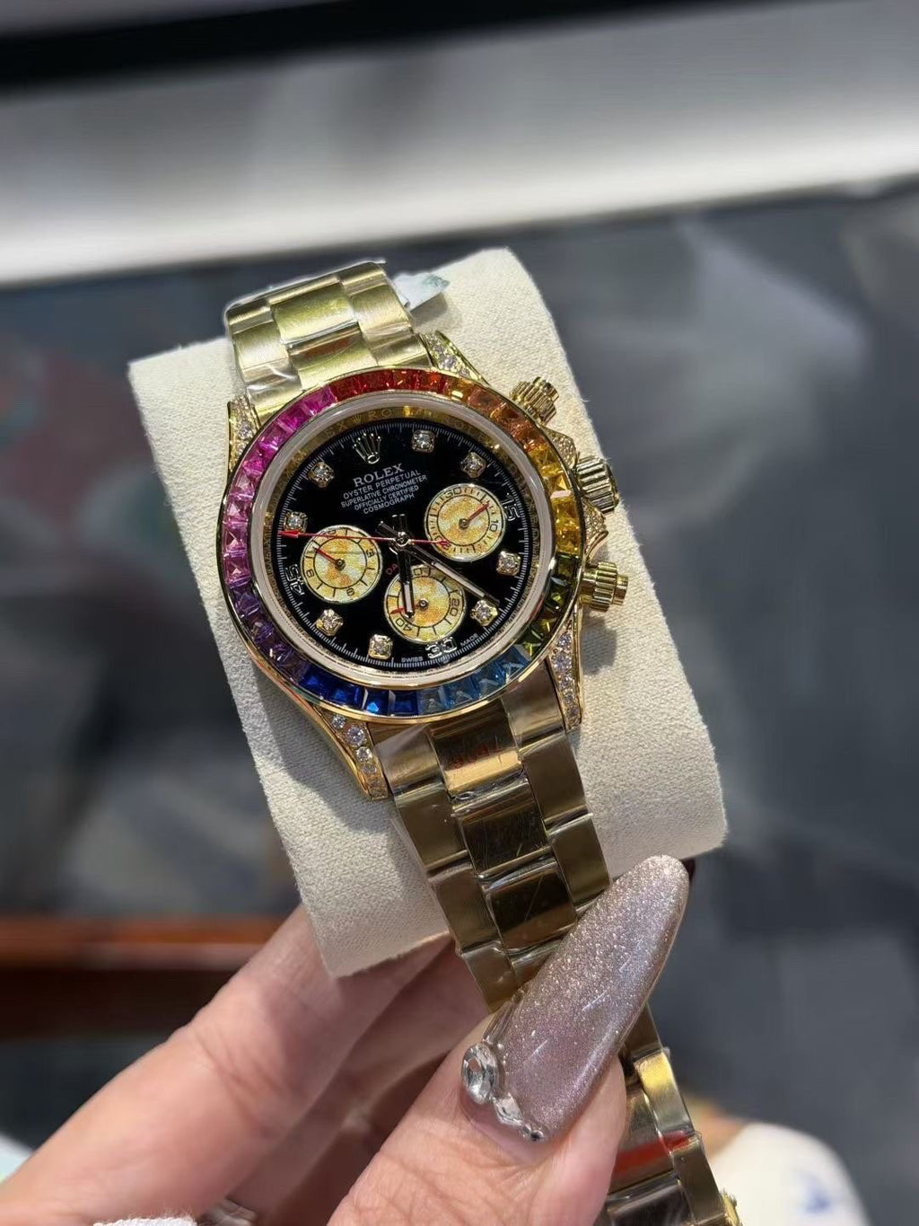 Rolex Rainbow Gemstone Chronograph Watch — front
