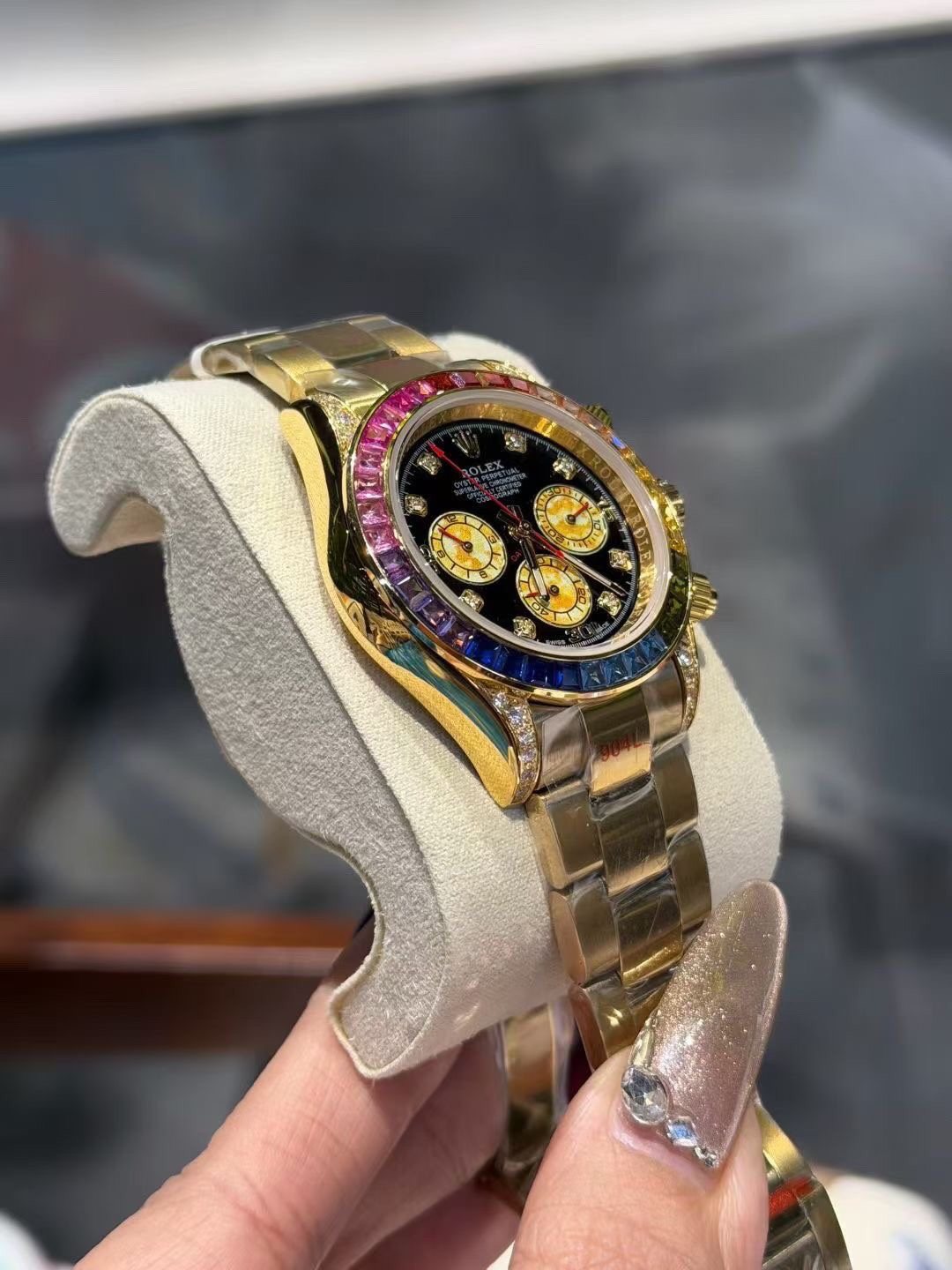 Rolex Rainbow Gemstone Chronograph Watch — hero