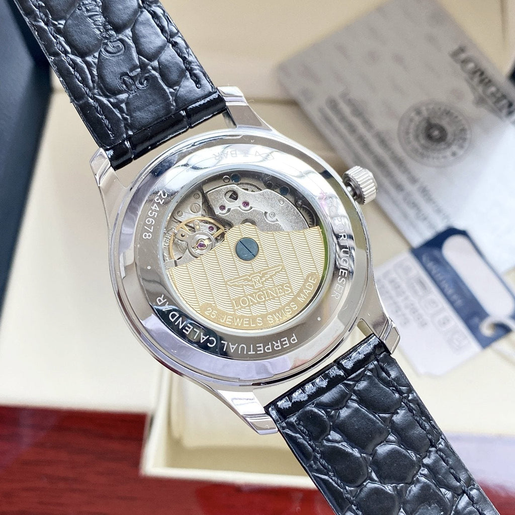 Longines Silver Black Dial Strap Watch — back