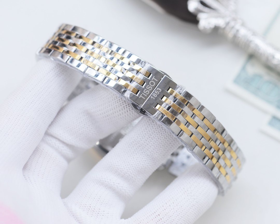 Tissot Silver Gold White Dial Bracelet Watch — detail