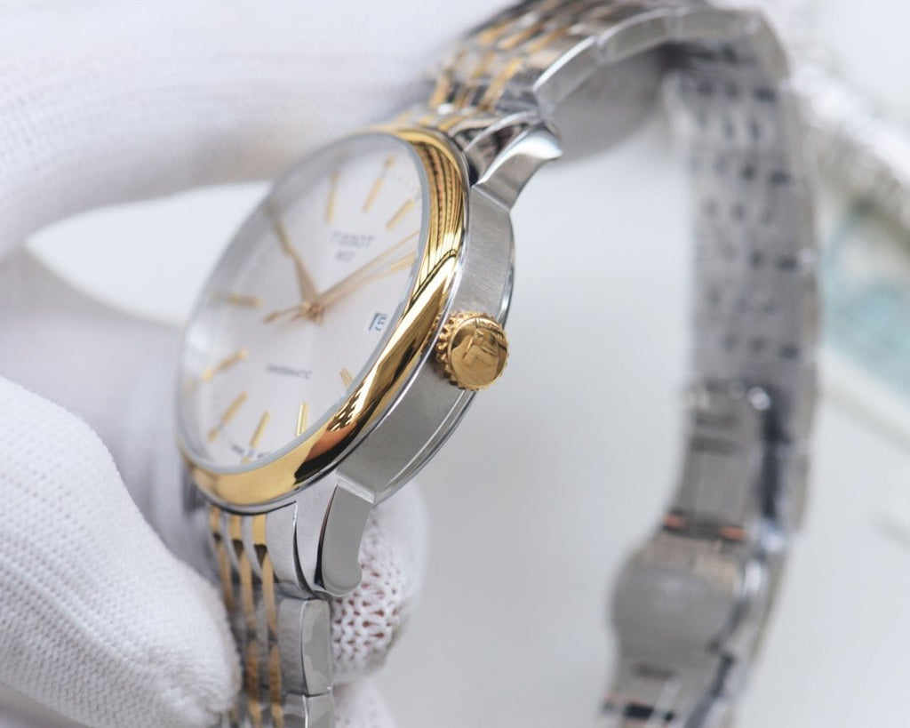 Tissot Silver Gold White Dial Bracelet Watch — side