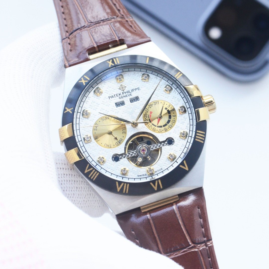 Patek Philippe Brown Two Tone White Dial Leather Strap Watch — hero