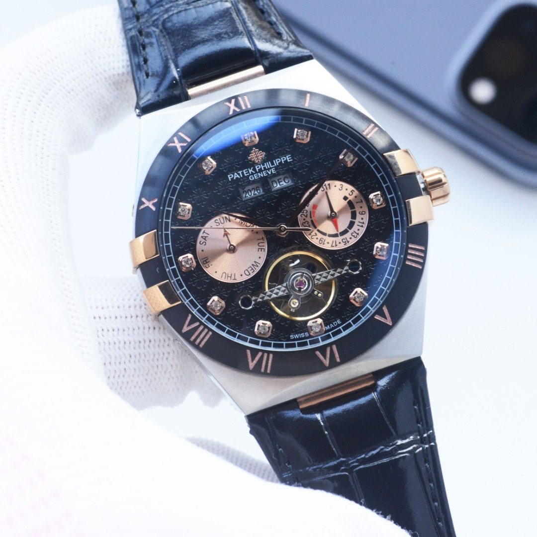Patek Philippe Two Tone Black Dial Leather Strap Watch — hero