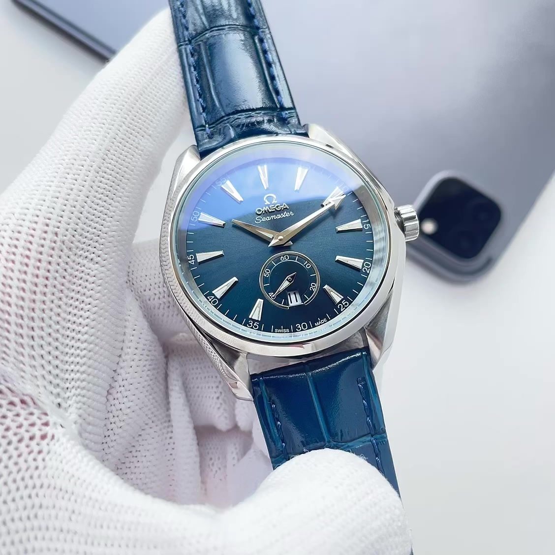 OMEGA Blue Dial Leather Strap Watch — hero