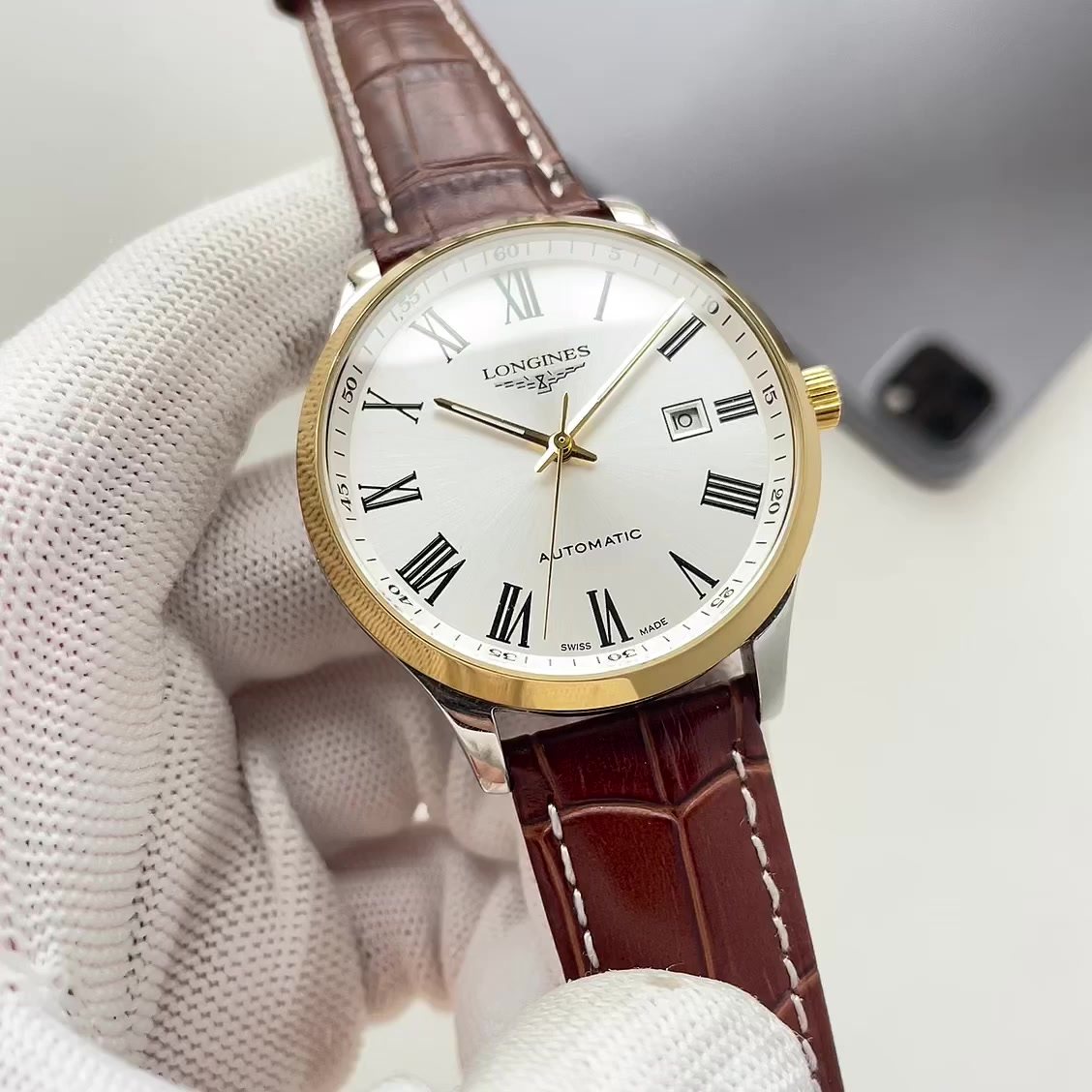 Longines White Dial Leather Watch — hero