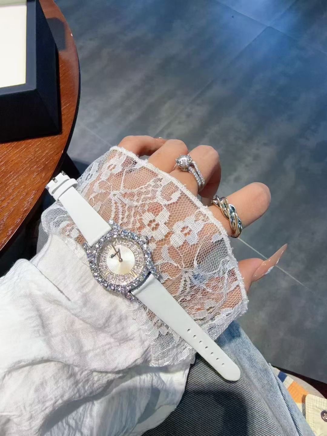 Chopard White Strap Stone-Set Oval Watch — model