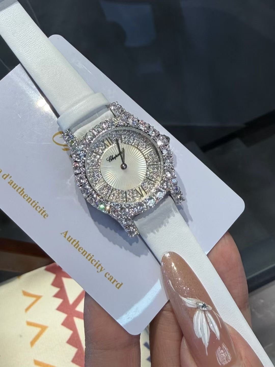 Chopard White Strap Stone-Set Oval Watch — detail