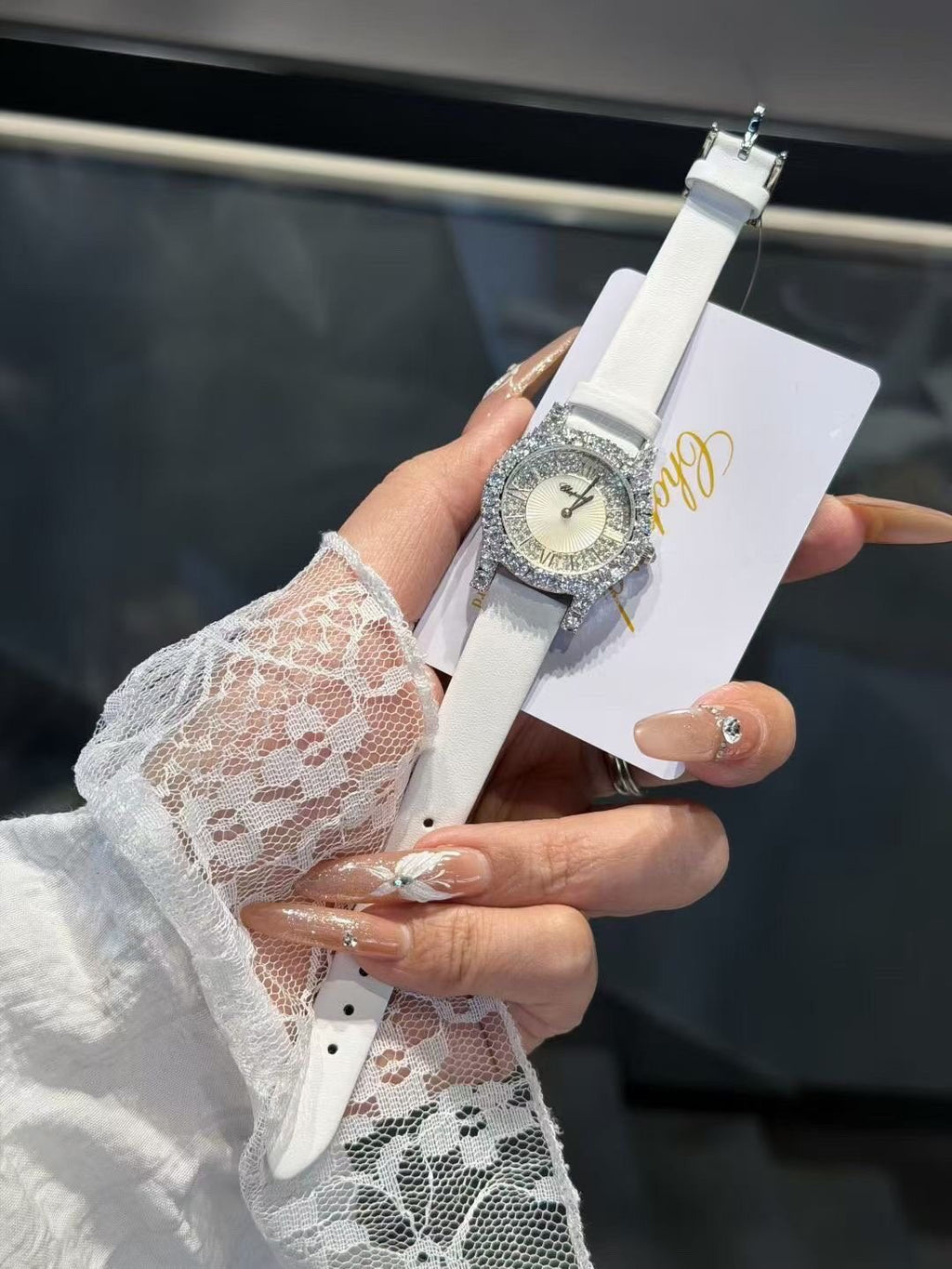Chopard White Strap Stone-Set Oval Watch — model