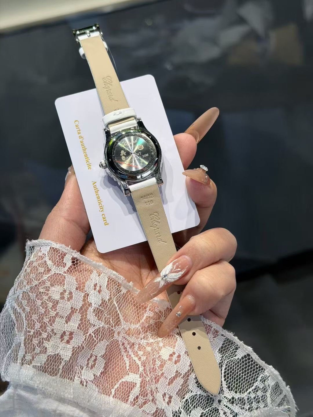 Chopard White Strap Stone-Set Oval Watch — back