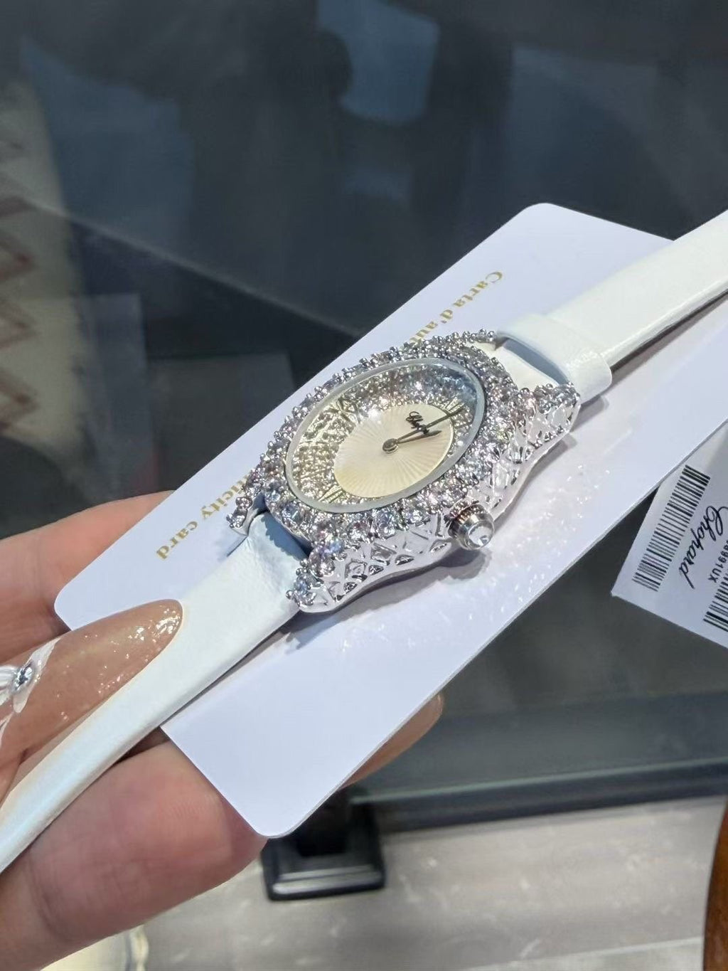 Chopard White Strap Stone-Set Oval Watch — hero