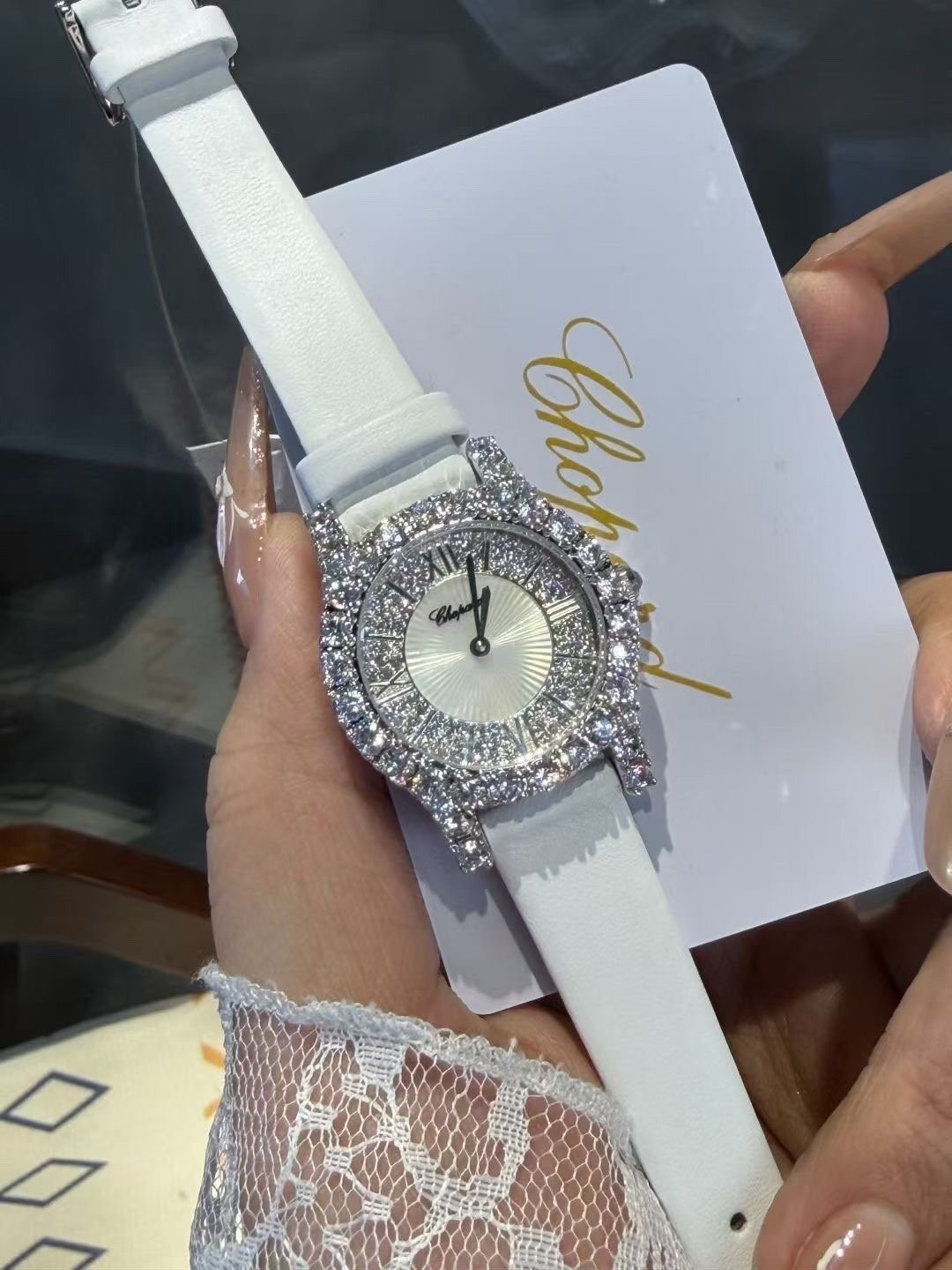 Chopard White Strap Stone-Set Oval Watch — front