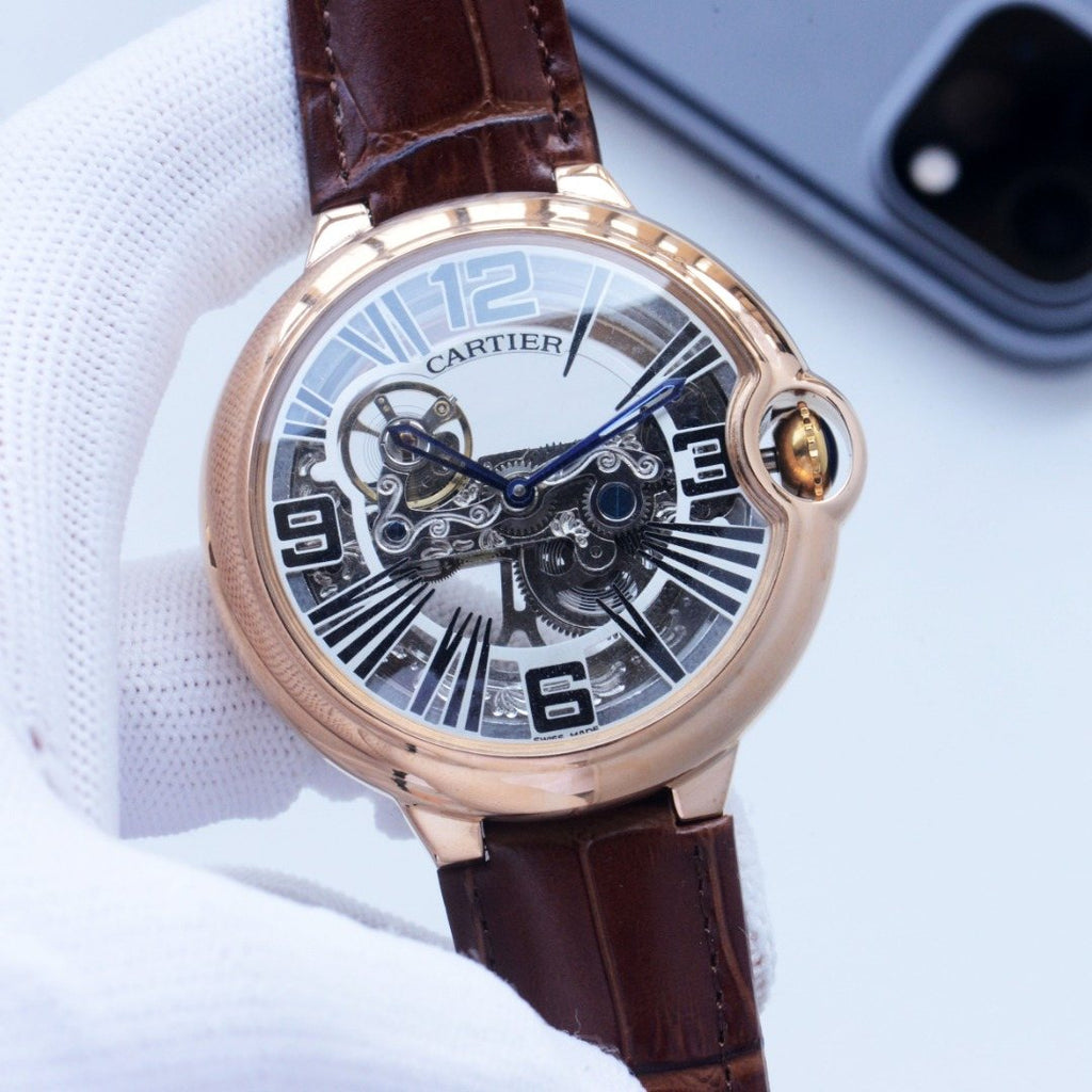 Cartier Rose Gold Brown Leather Strap Watch — front
