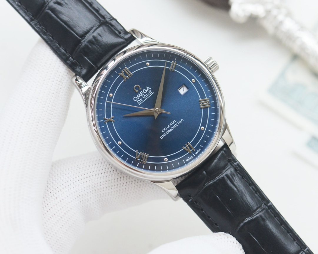 OMEGA Black Silver Blue Dial Leather Strap Watch — hero