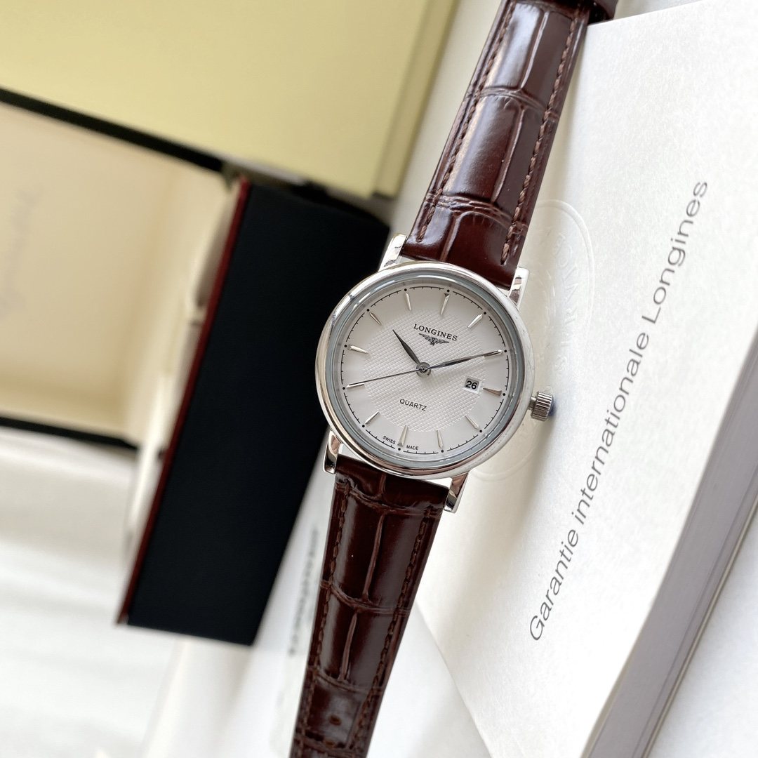 Longines Silver Brown White Dial Strap Couple Watch Set — front
