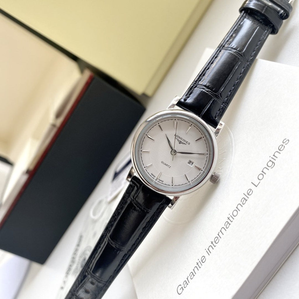Longines Silver Black White Dial Strap Couple Watch Set — front