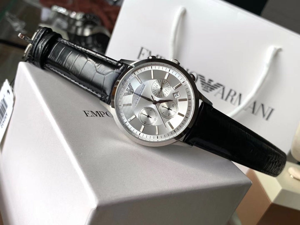 EMPORIO ARMANI Silver Dial Black Strap Watch — front
