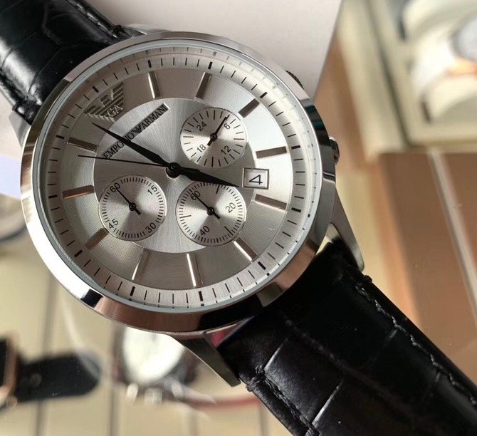 EMPORIO ARMANI Silver Dial Black Strap Watch — front