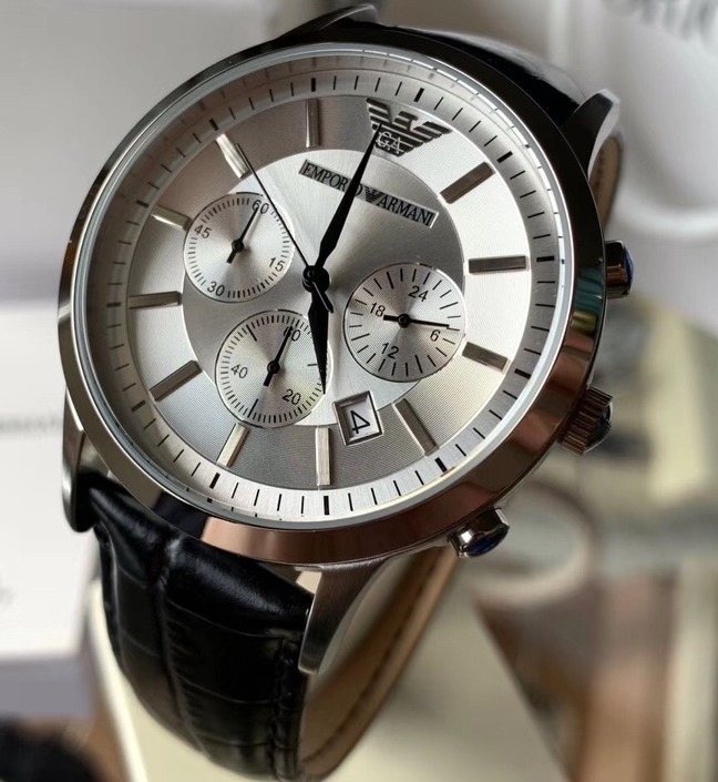 EMPORIO ARMANI Silver Dial Black Strap Watch — front
