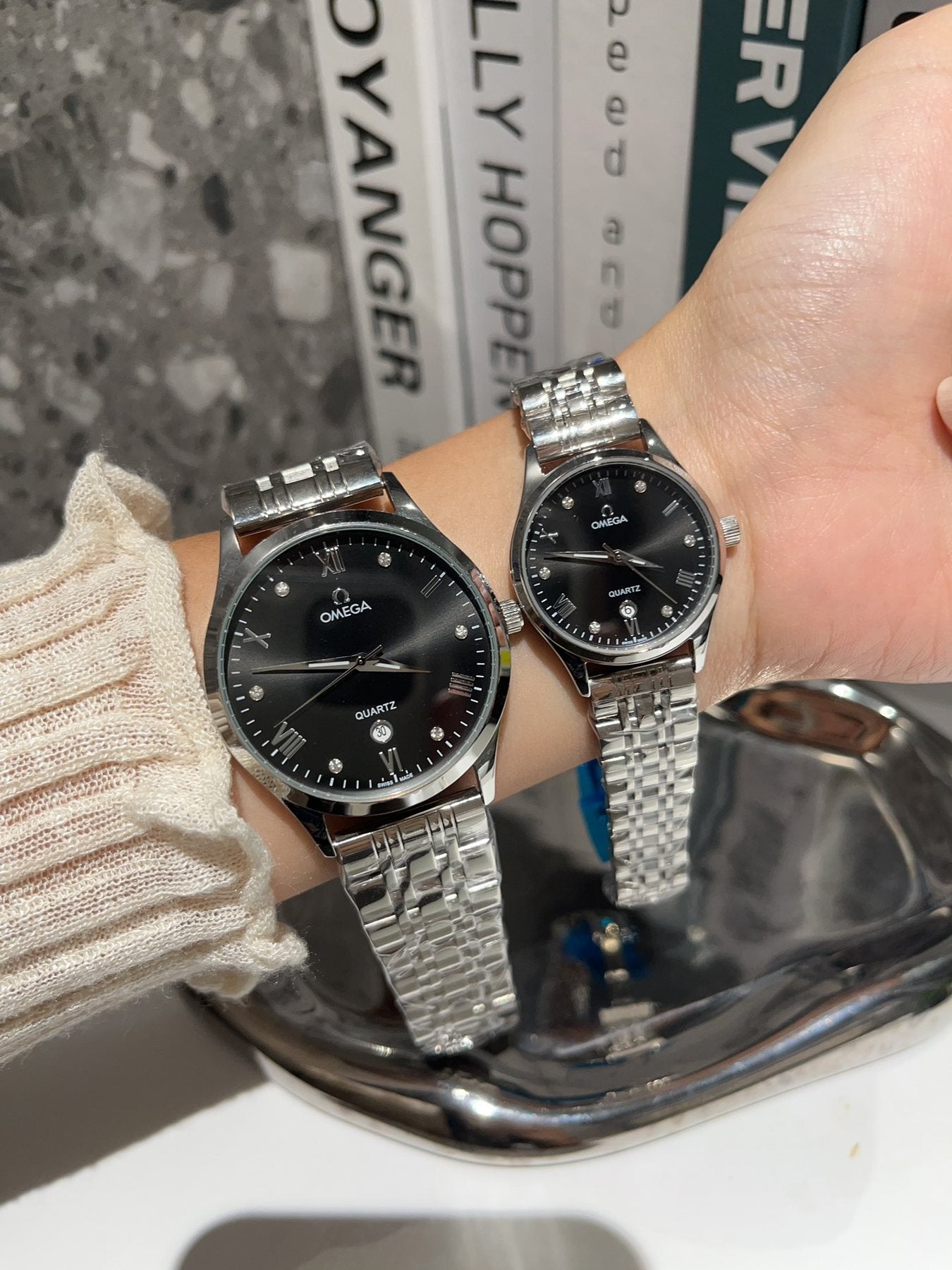 Omega Two Tone Black Dial Bracelet Couple Watch Set — front