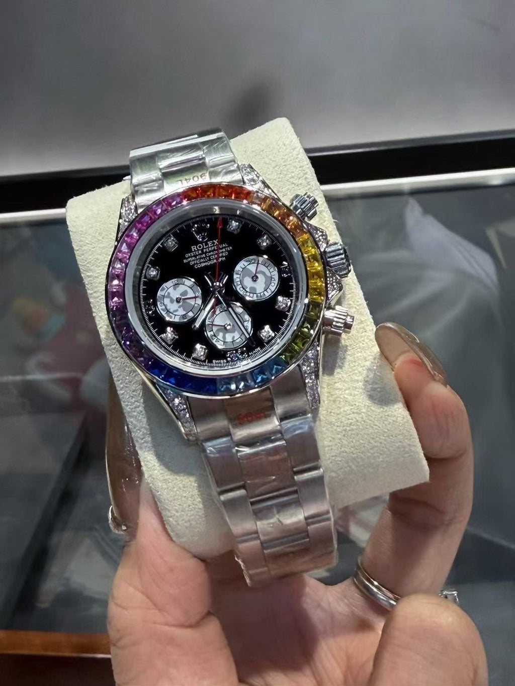 Rolex Rainbow Bezel Black Dial Watch — front