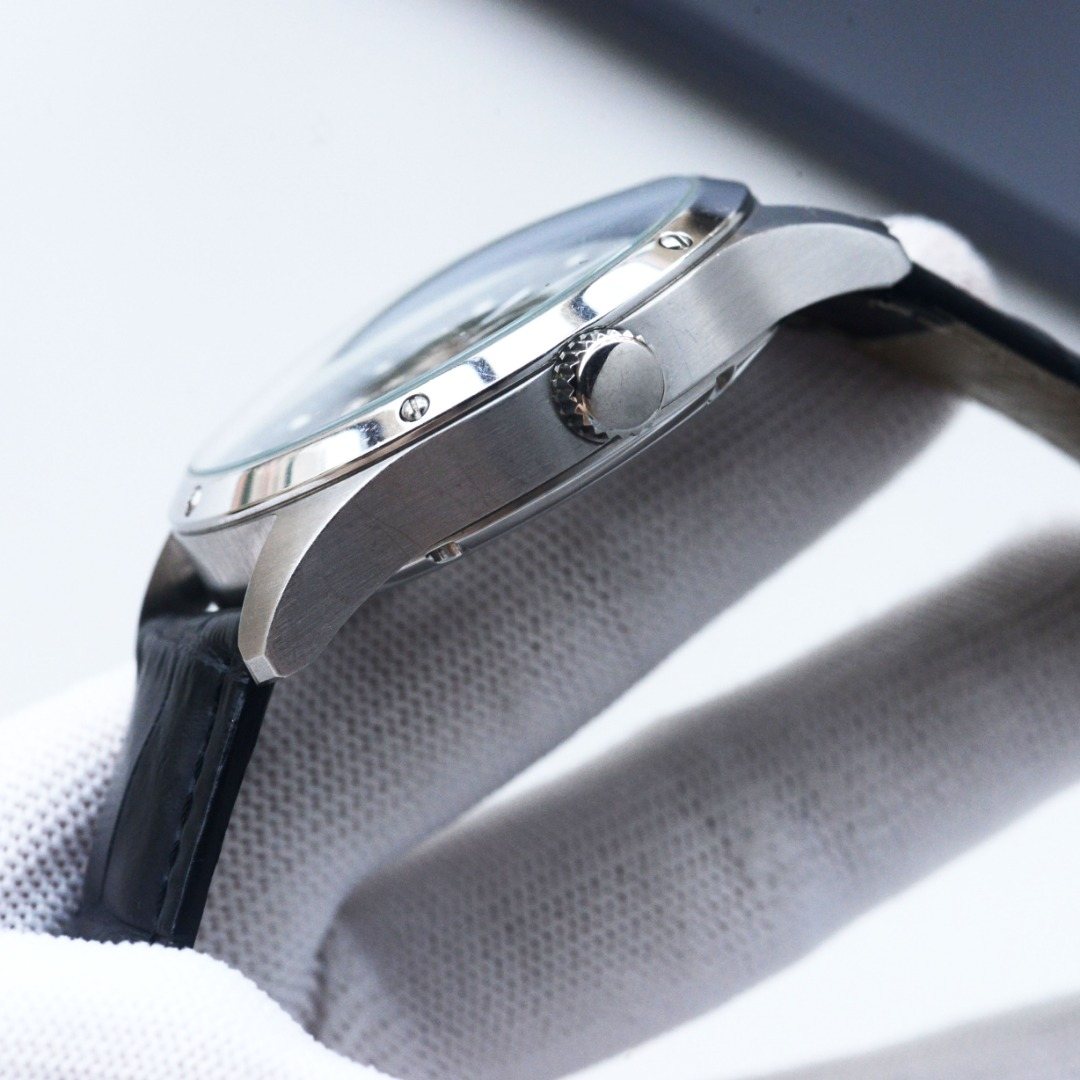 Longines Silver Black Leather Strap Watch — detail