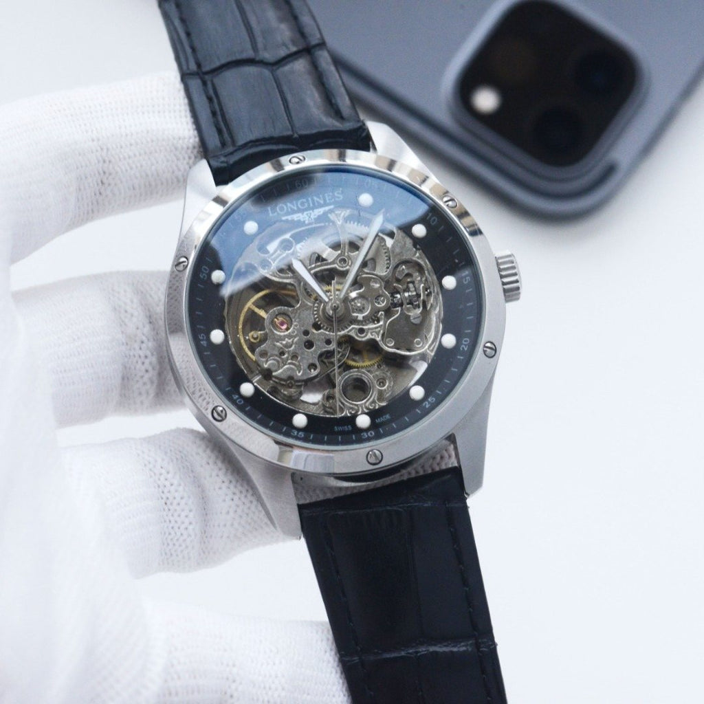 Longines Silver Black Leather Strap Watch — hero