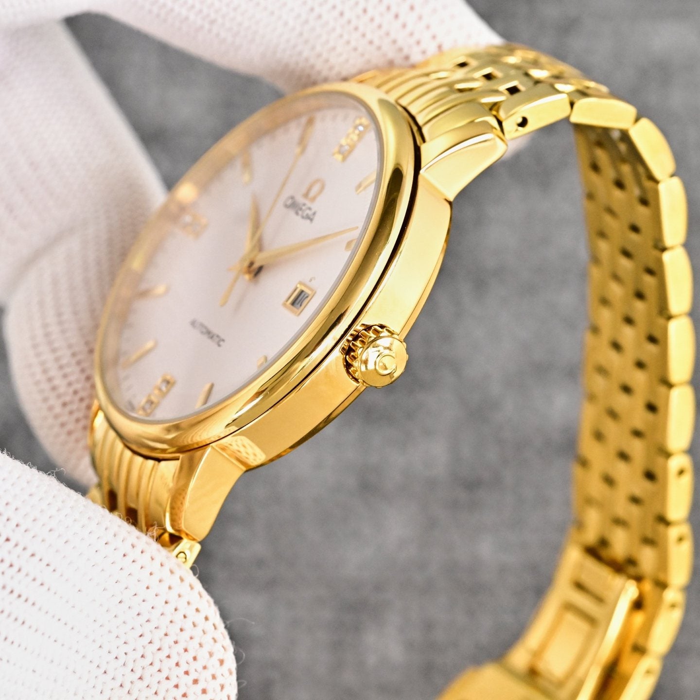 Omega Gold White Dial Bracelet Watch — side