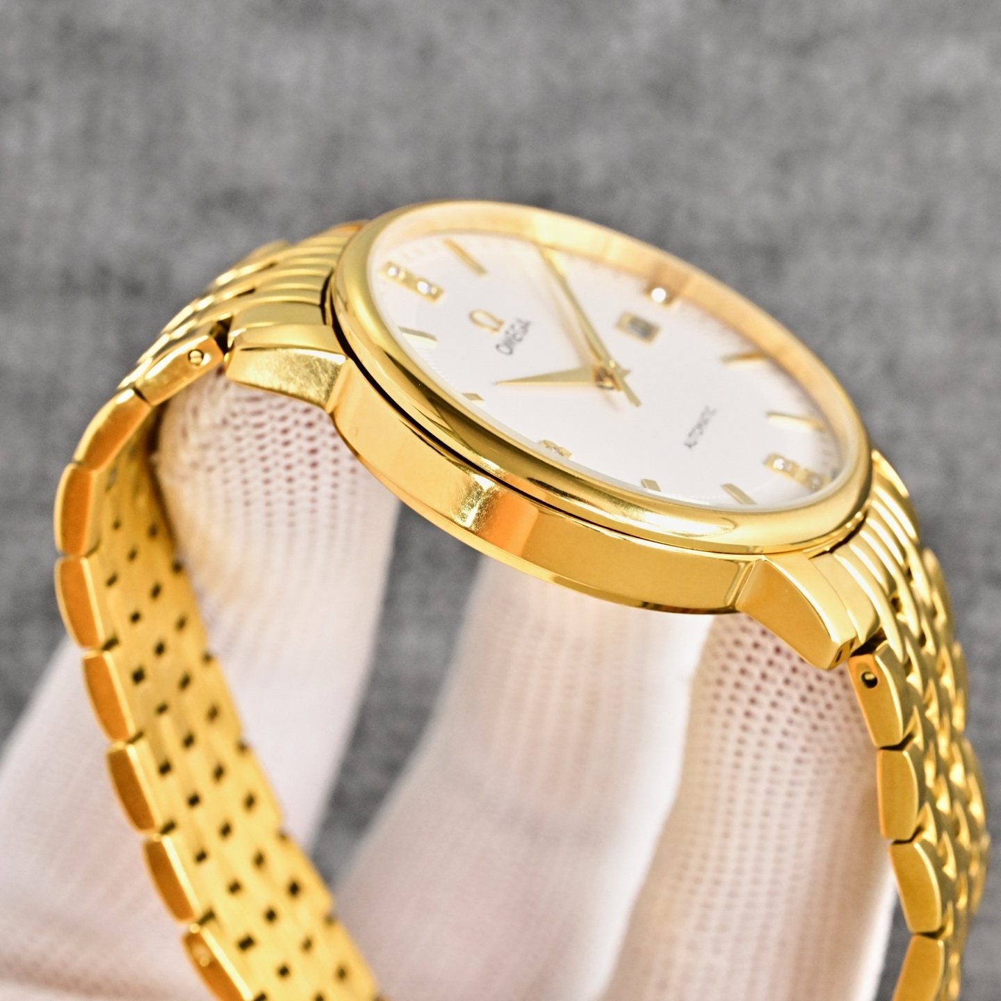 Omega Gold White Dial Bracelet Watch — side