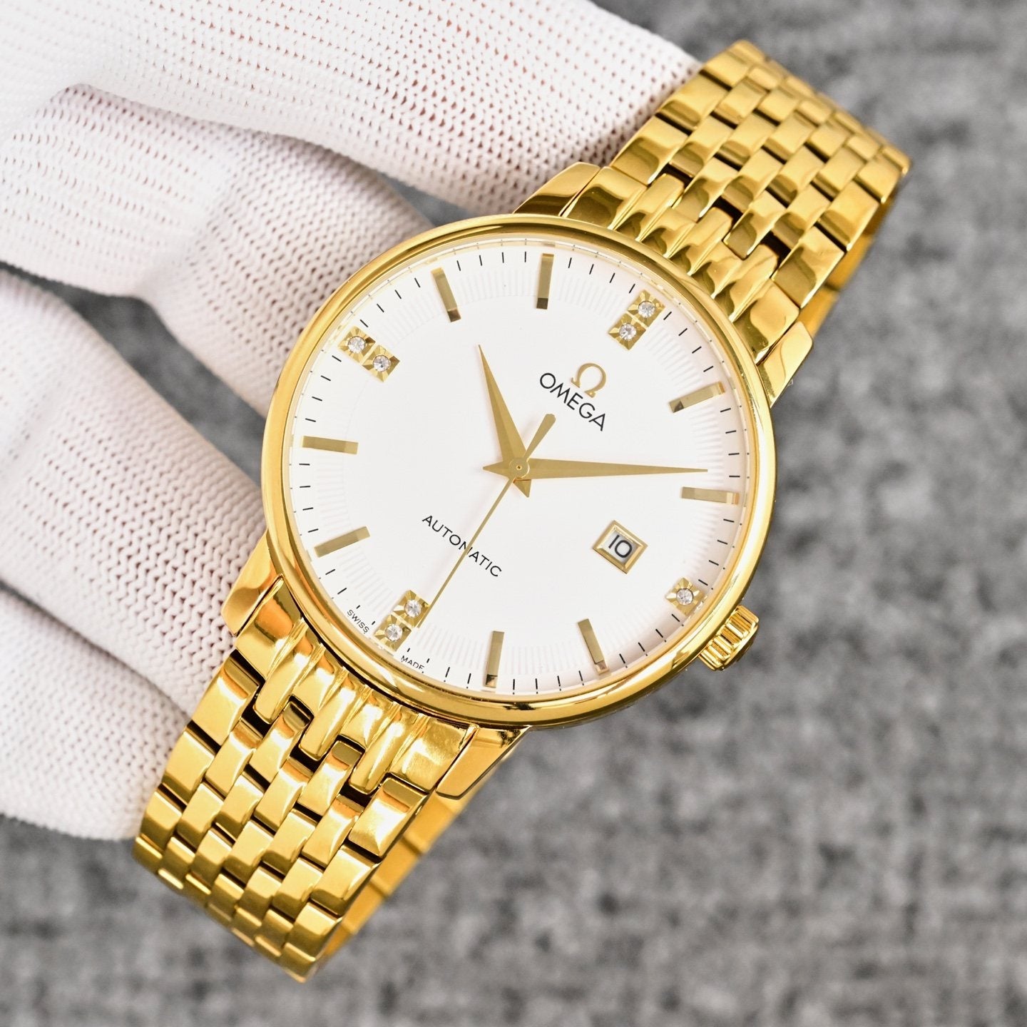Omega Gold White Dial Bracelet Watch — front