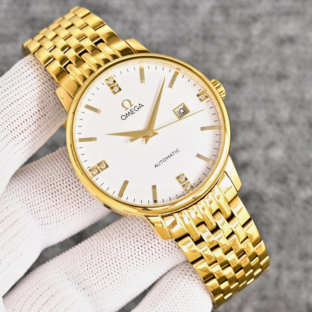 Omega Gold White Dial Bracelet Watch — front