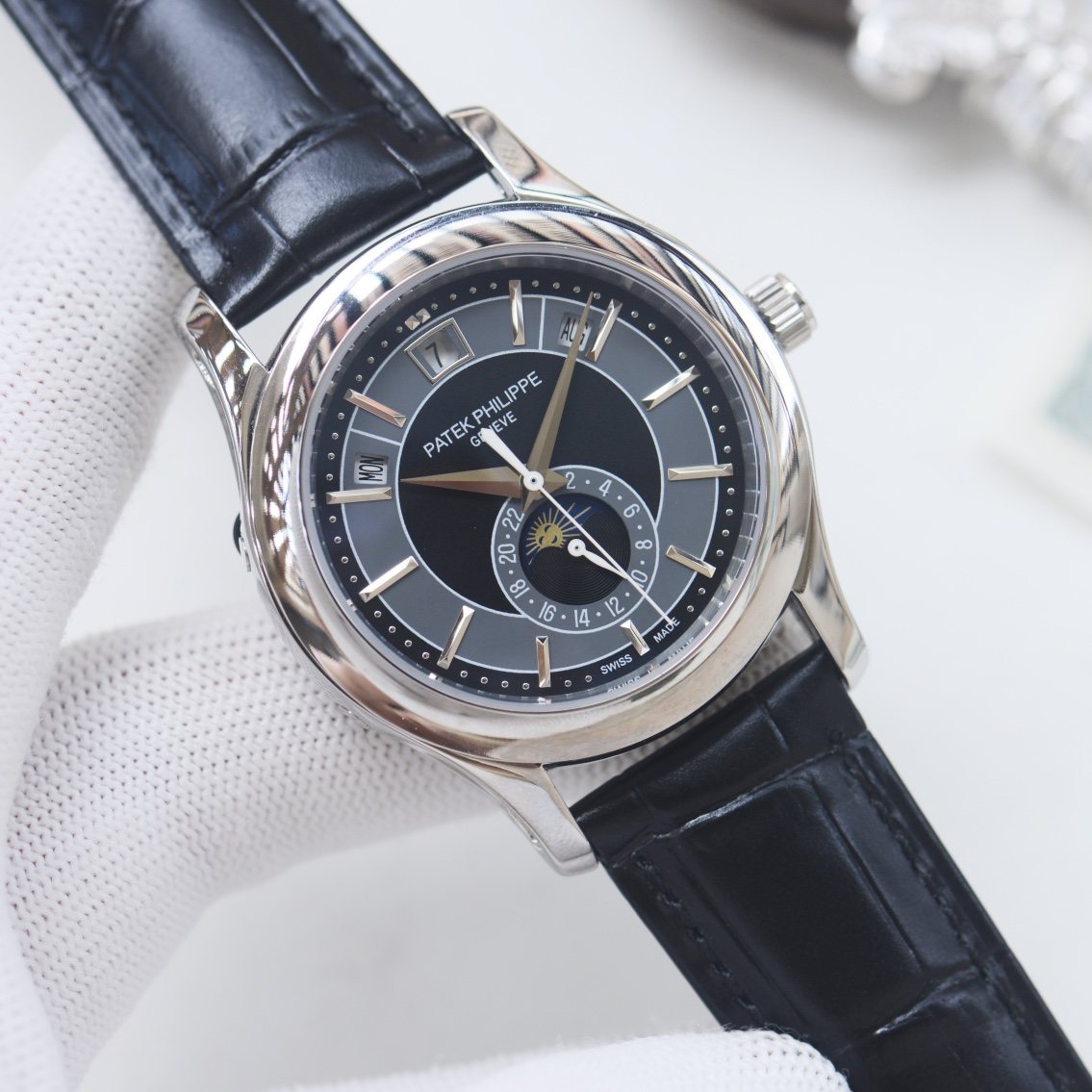 Patek Philippe Silver Black Blue Dial Leather Strap Watch — hero