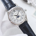 Patek Philippe Silver Black White Dial Leather Strap Watch — hero