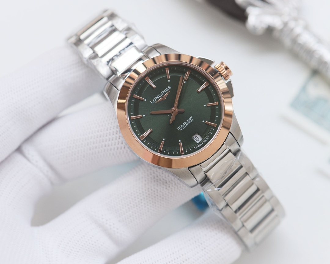 Longines Rose Gold Silver Green Dial Bracelet Watch — front