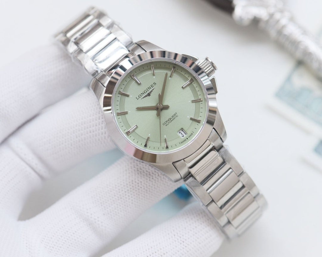 Longines Rose Gold Silver Green Dial Bracelet Watch — hero
