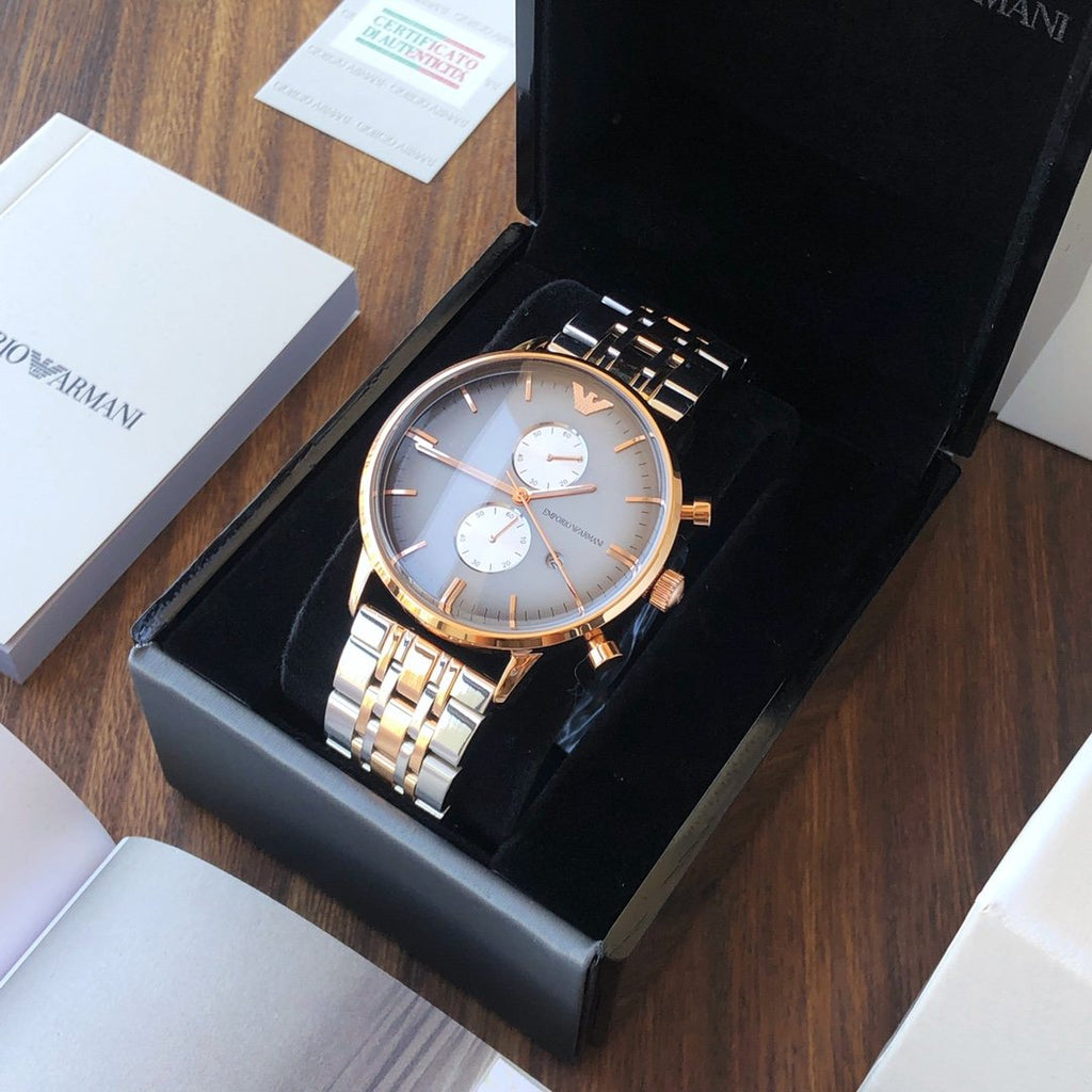 EMPORIO ARMANI Gray Dial Two-Tone Bracelet Watch — front