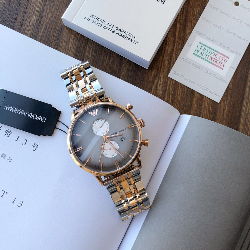 EMPORIO ARMANI Gray Dial Two-Tone Bracelet Watch — front