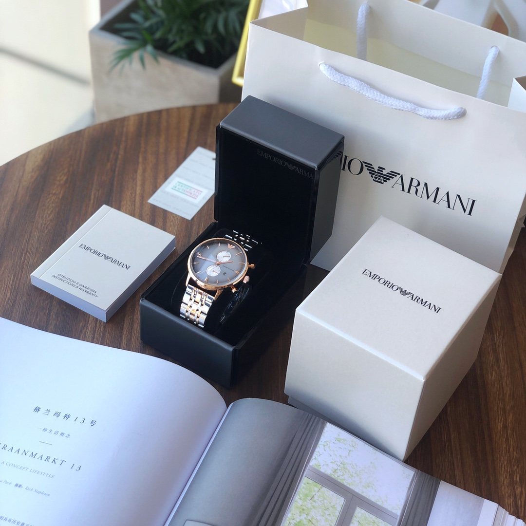 EMPORIO ARMANI Gray Dial Two-Tone Bracelet Watch — front