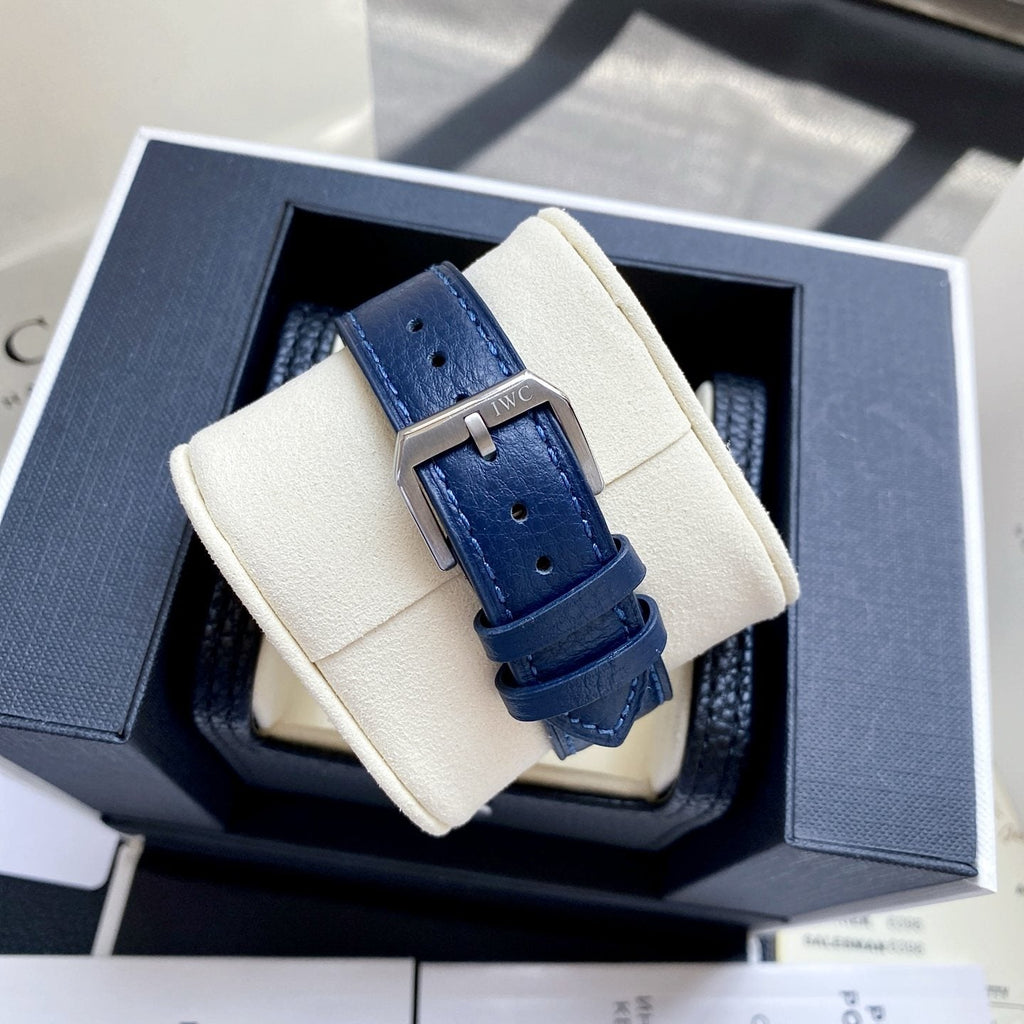 IWC Silver Blue Dial Leather Strap Watch — back