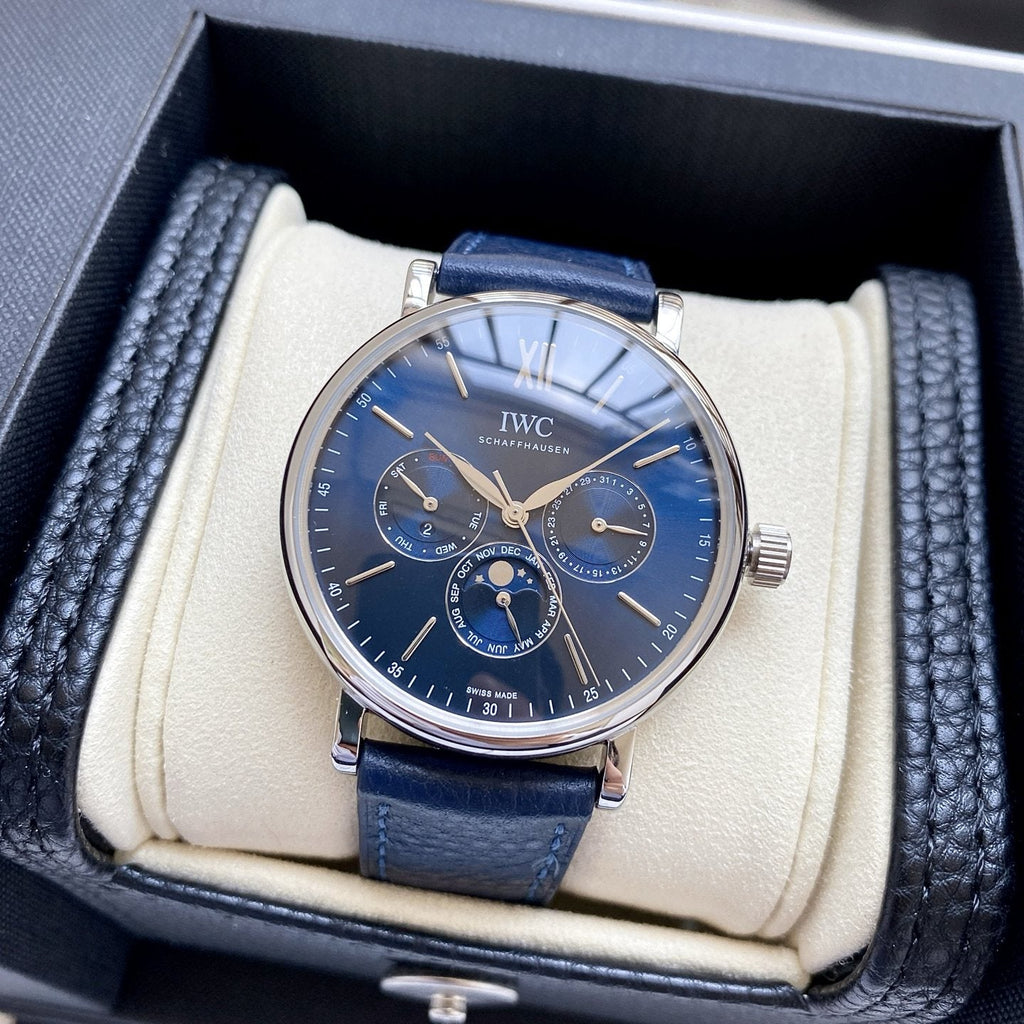 IWC Silver Blue Dial Leather Strap Watch — hero