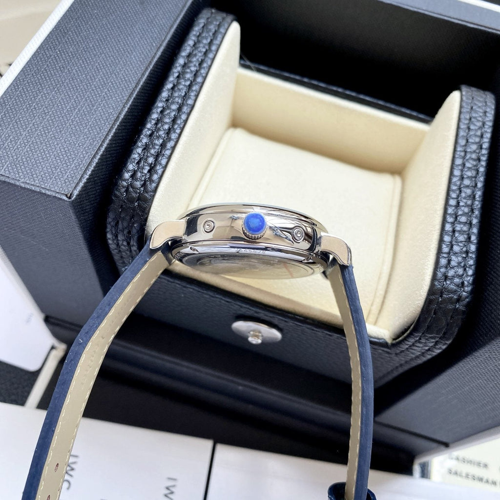 IWC Silver Blue Dial Leather Strap Watch — side