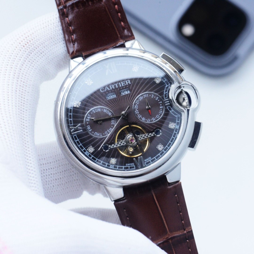 Cartier Silver Brown Dial Leather Strap Watch — hero